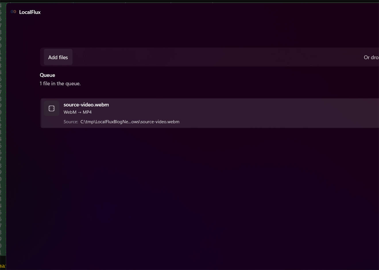 LocalFlux with a WebM video ready to convert to MP4.