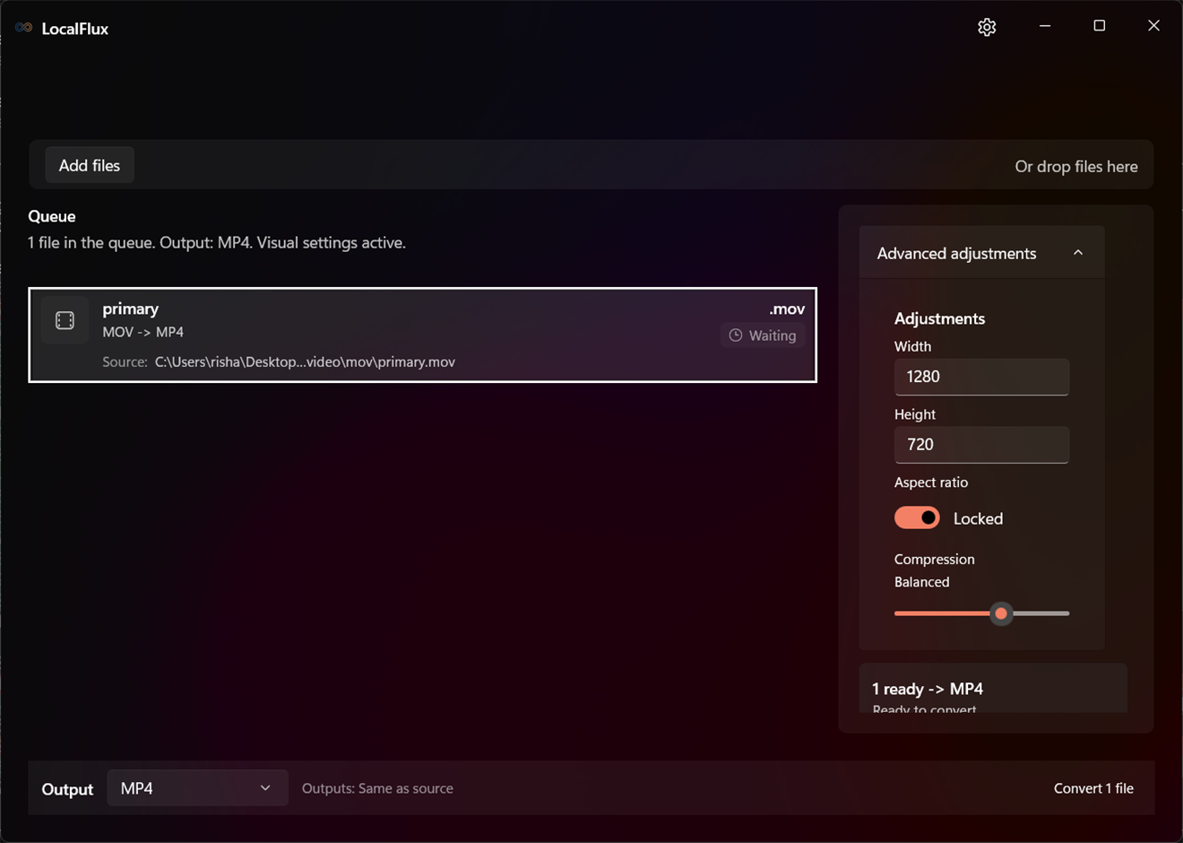 LocalFlux queue showing a MOV to MP4 conversion with resize and compression controls.