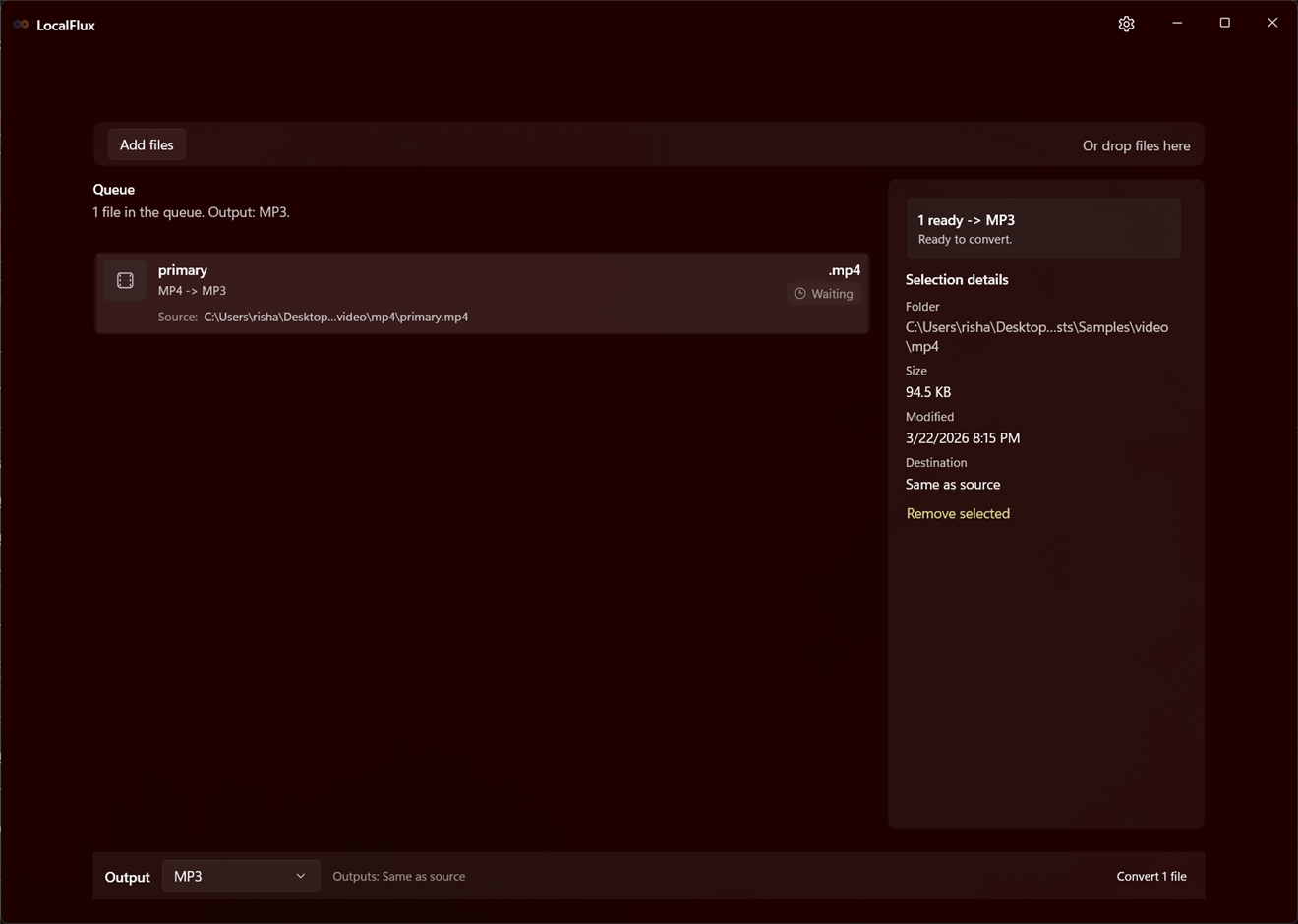 LocalFlux showing an MP4 video queued for MP3 audio extraction on Windows