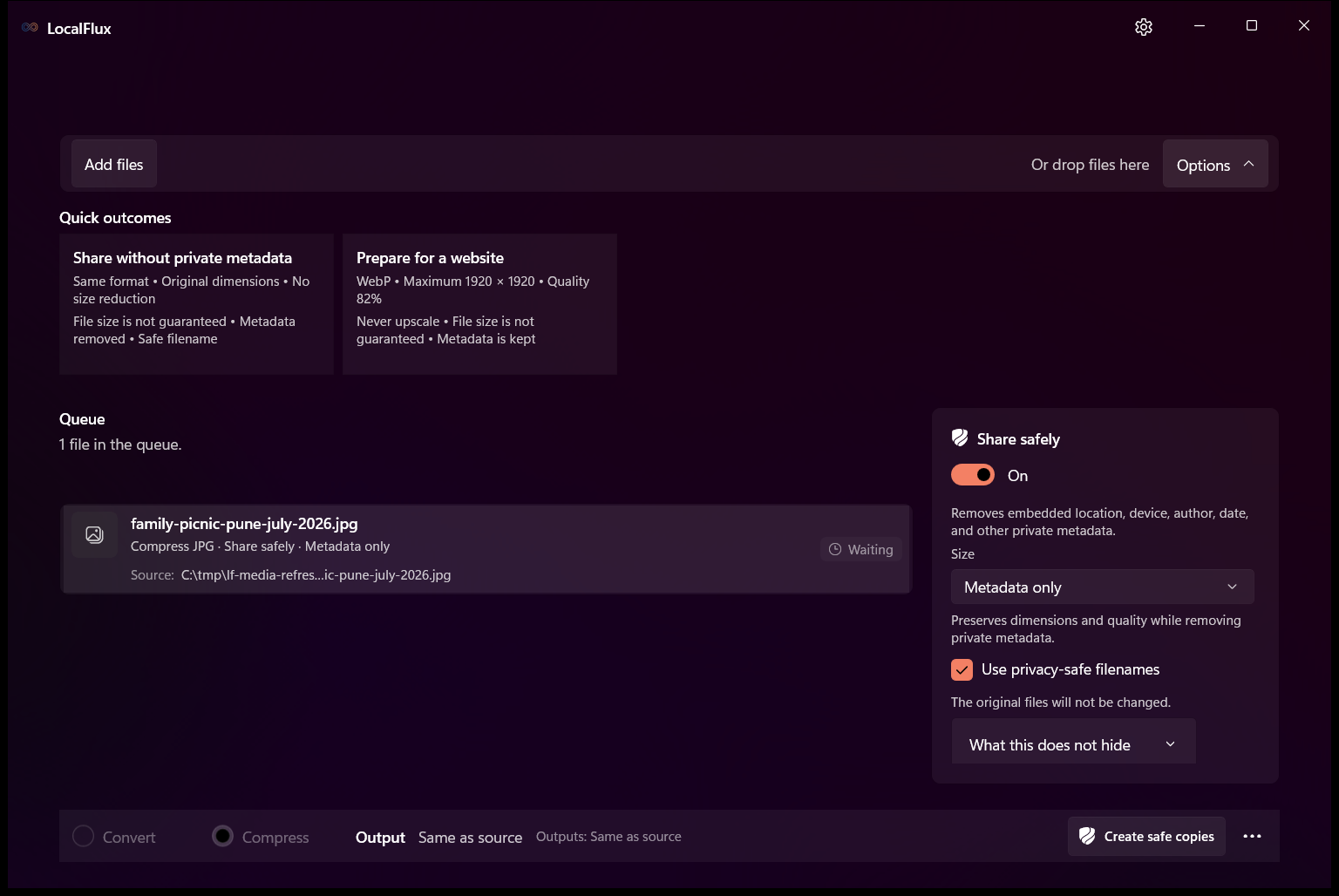 LocalFlux Share safely controls for removing supported image metadata and preparing a neutral sharing copy.