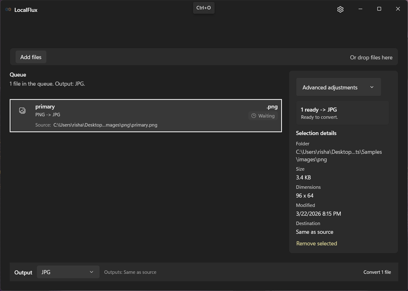 LocalFlux queue with added files and the compact add-files strip.