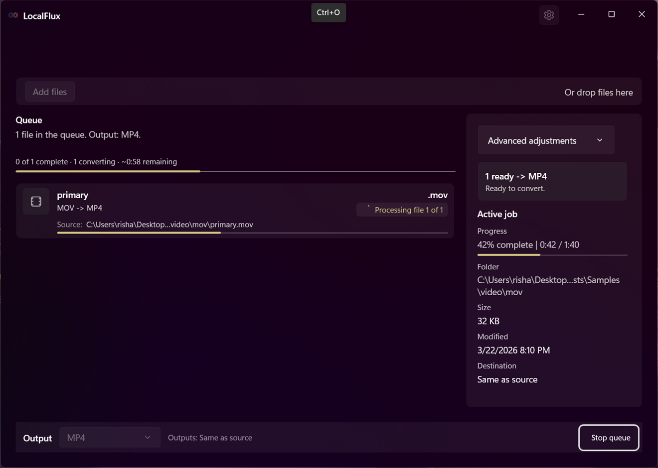 LocalFlux queue while conversion progress is running.