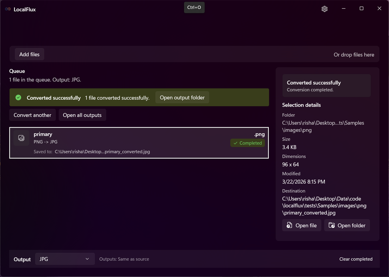 LocalFlux completed conversion with output actions.