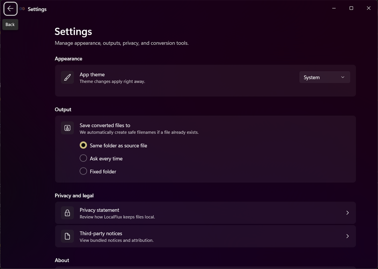 LocalFlux output settings for choosing where converted files are saved.