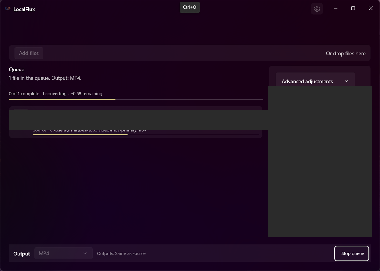A LocalFlux queue item showing conversion progress