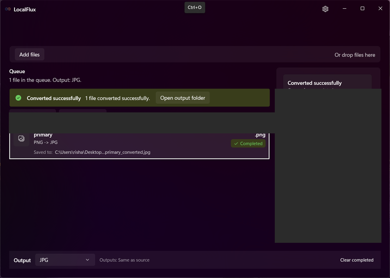Completed LocalFlux item with actions to open the file or folder