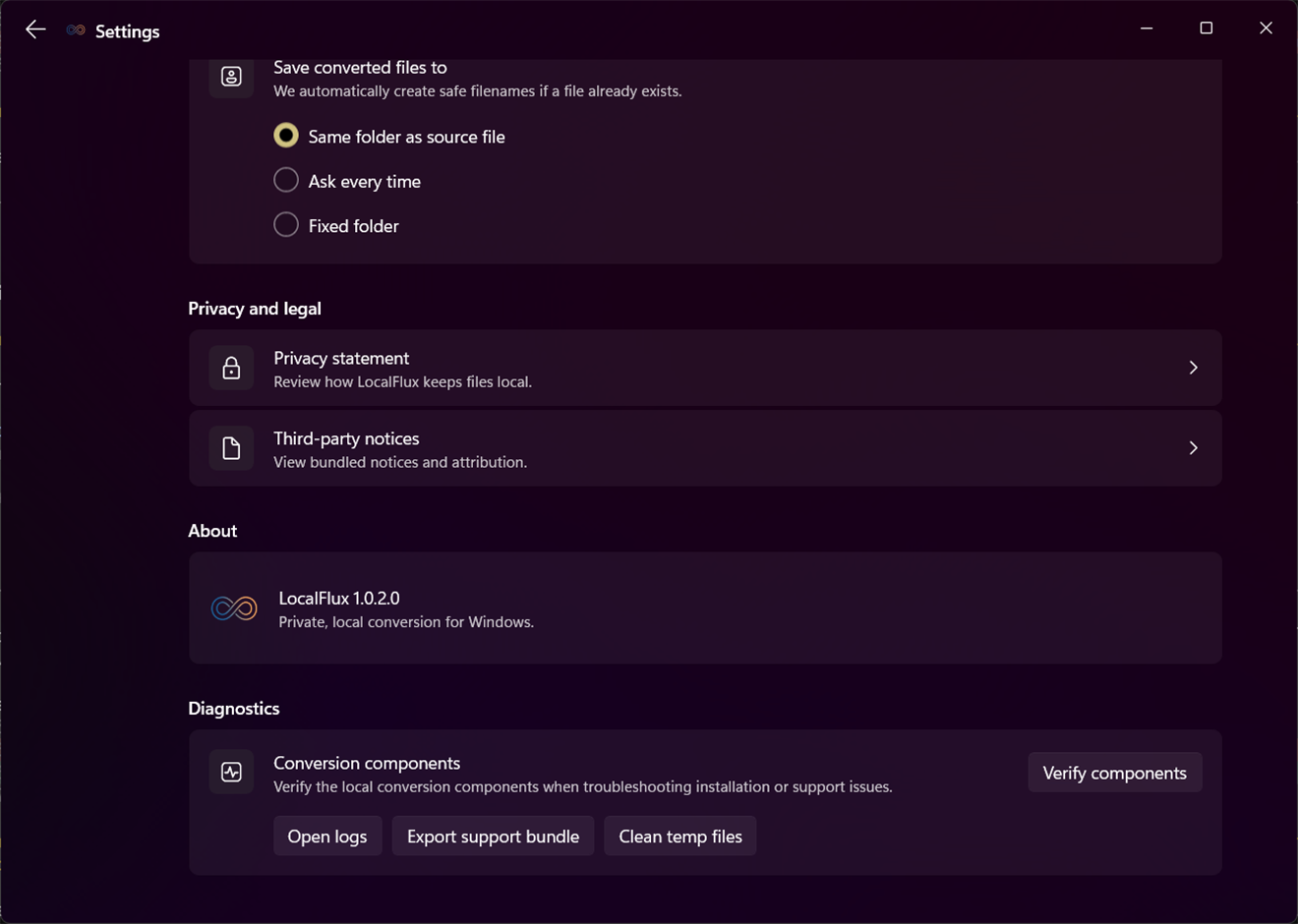 LocalFlux diagnostics settings and component status