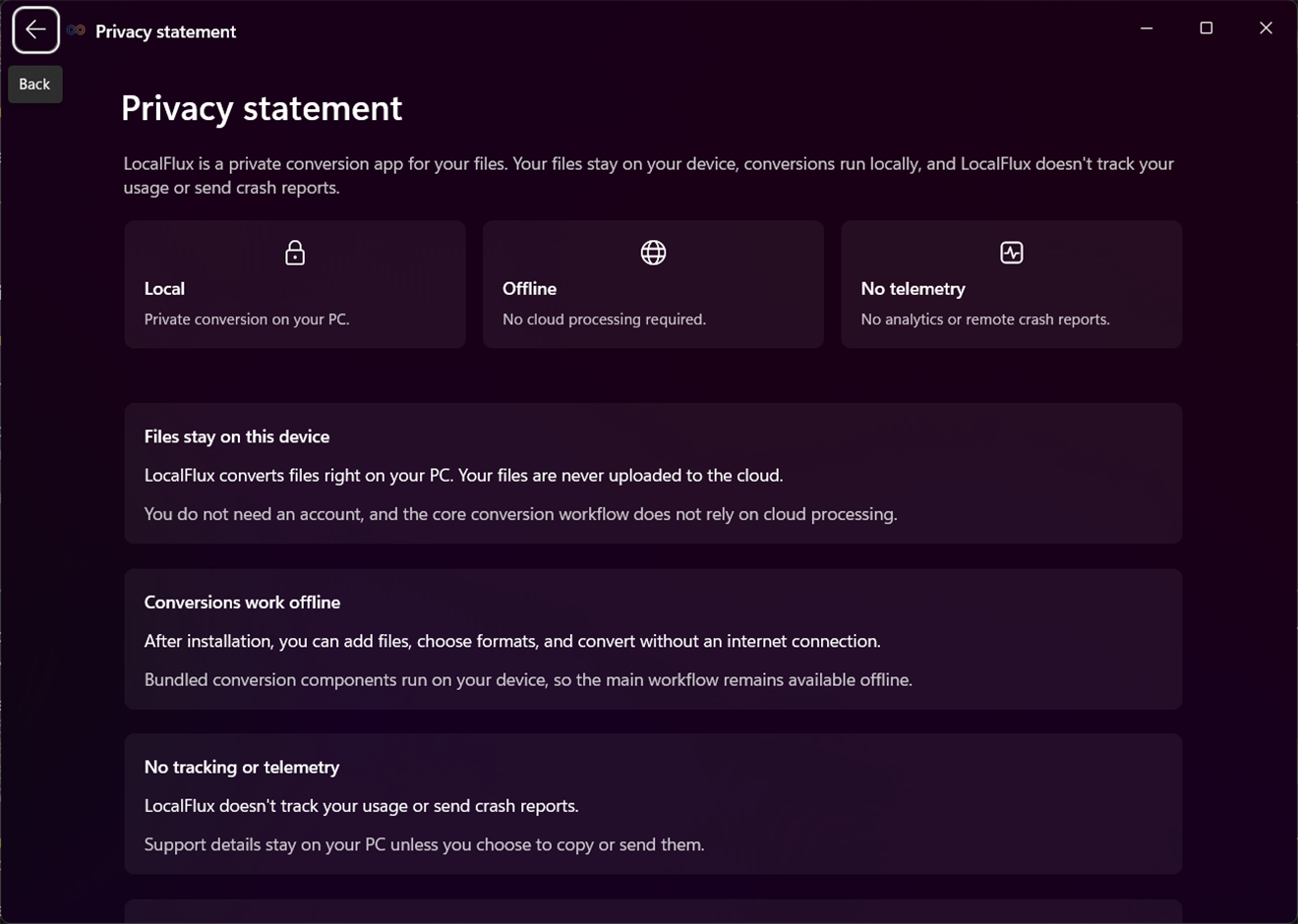 Privacy statement displayed inside LocalFlux