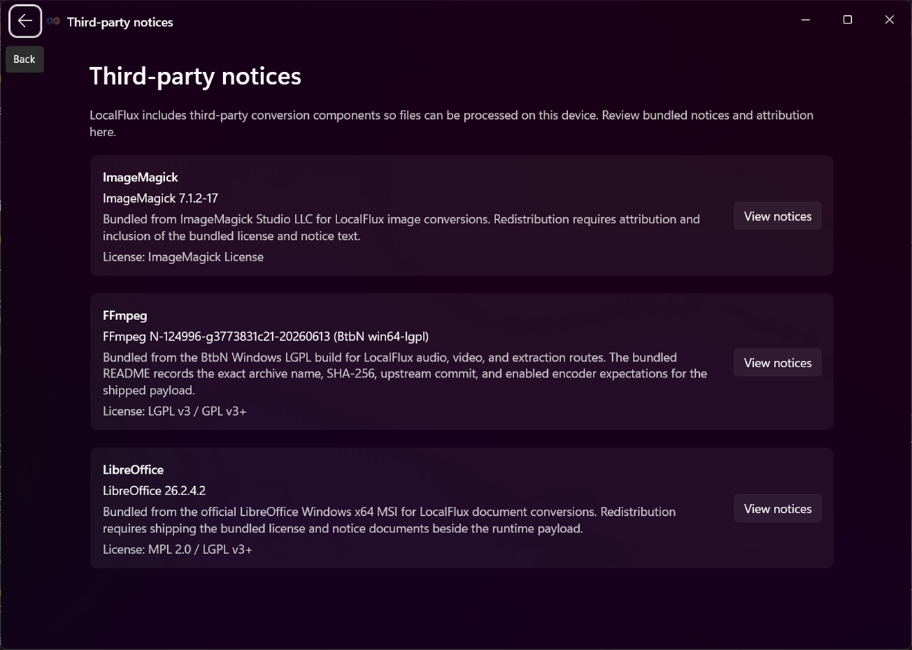 Third-party notices displayed inside LocalFlux